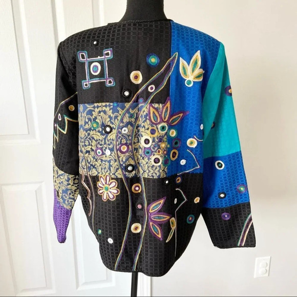 Vintage Bellessa Art Abstract Embroidery  Patchwork Colourblock Jacket - Picture 3 of 14